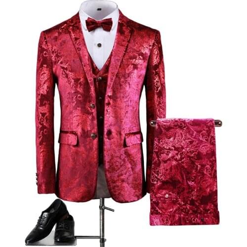 Jacket+Pants+Vest)Classic style Groom Tuxedos Shawl Lapel Groomsman Suit Red Rich Flower Wedding suit Custom Made Man Suit