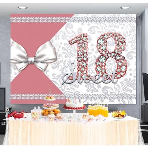 Laeacco Sweet 18th Birthday Party Backdrop Banner Poster Diamond Tie Pink White Flower Pattern Customized Photography Background