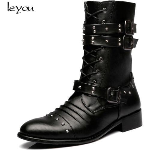Leyou Men Formal Dress Boots Heels Mens Military Mid Calf Boots Western Cowboy Boots Mens Black Autumn Winter Shoes Martins