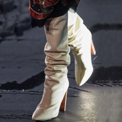 Hot Selling Pleated Chunky Heels Boots Pointed Toe Stretch Mid-calf Winter Tall Boots High Quality Dress Shoes Party Big Size 10