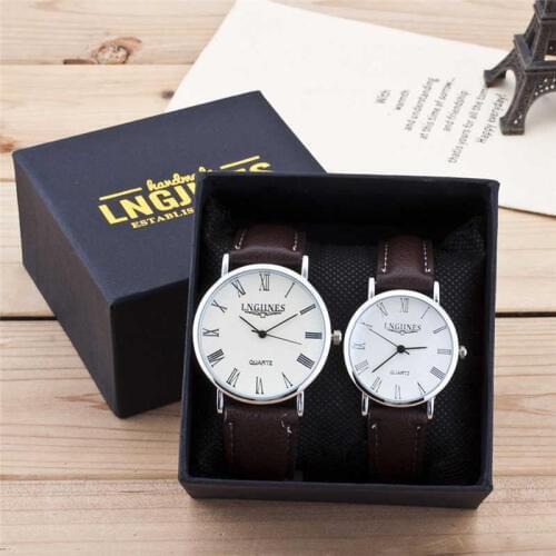 LNGJINES 2pc Fashion Couple High Gloss Glass Stainless Steel Watch And Box Luxury Analog Quartz WristWatch gift relogio feminino
