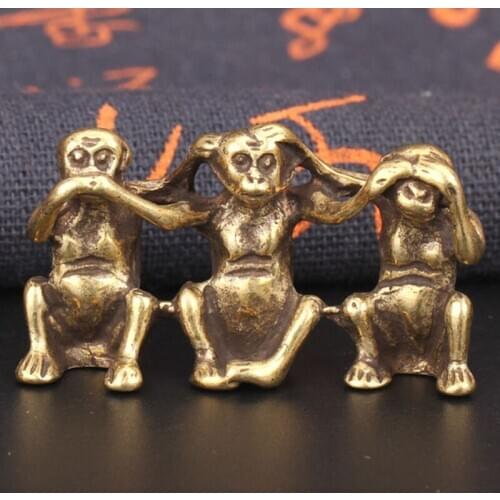 Pure Copper Three Monkeys Miniatures Figurines don't Say don't Listen don't See Feng Shui Crafts Ornaments Antique Decorations