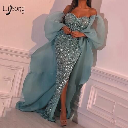 Fashion Turquoise Sequined Mermaid Prom Dresses 2020 Sexy High Side Split Long Prom Gowns Puffy Full Sleeves Formal Dress