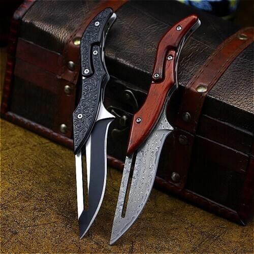 MOOM Damascus Mechanical folding Knife Fashion D2 steel folding knife outdoor folding knife pocket knife jungle hunting knife