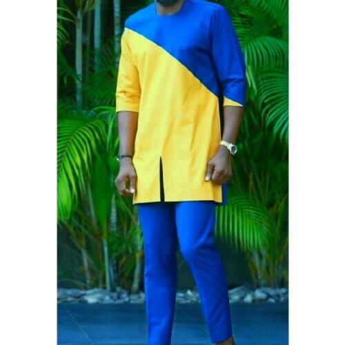 Royal Blue And Yellow Patchwork Mens Shirts+Solid Trousers Cotton Set Clothing African Fashion Half Sleeve Top Patch Long Pant