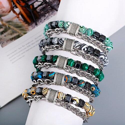 Charms Mens Malachite Stone Beads Bracelets Bileklik Stainless Steel Gunmetal Link Chain Yoga Bracelets Homme Women Jewelry