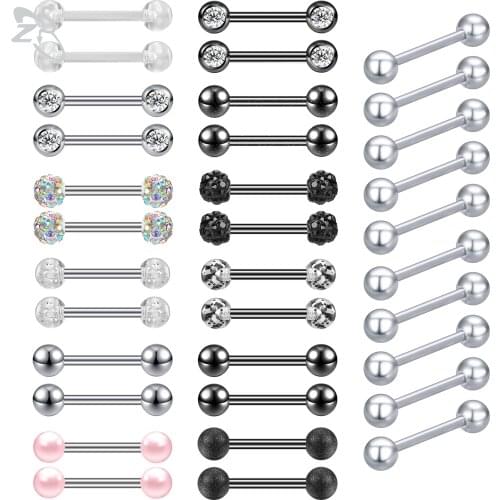 ZS 5-12pcs/lot 14g Stainless Steel Tongue Ring Set CZ Crystal Long Industrial Barbell Rings Acrylic Ear Helix Nipple Piercings