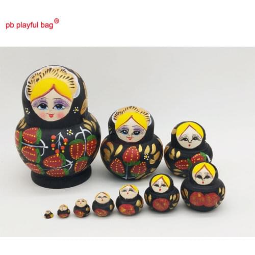 PB Playful bag 10 layers big belly black strawberry Russian dolls birthday gift wooden crafts toys set home decoration HG28
