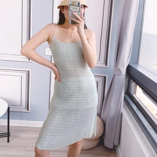 Sling Dress Summer Women Large Size 2020 New Solid Color Elastic Slim Miyake Pleated Perspective Spaghetti Strap Dress