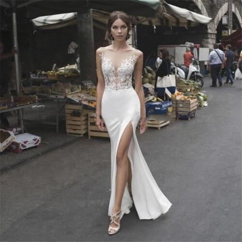 Simple Sexy Sheer Appliques Lace Mermaid Wedding Dresses 2021 Sexy Split Side Bridal Gowns Floor Length Robe De Mariee