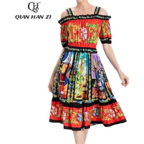 Qian Han Zi summer designer fashion Slash neck dress vintage Roman Pattern printing Elastic waist Slim dress women 2021 new