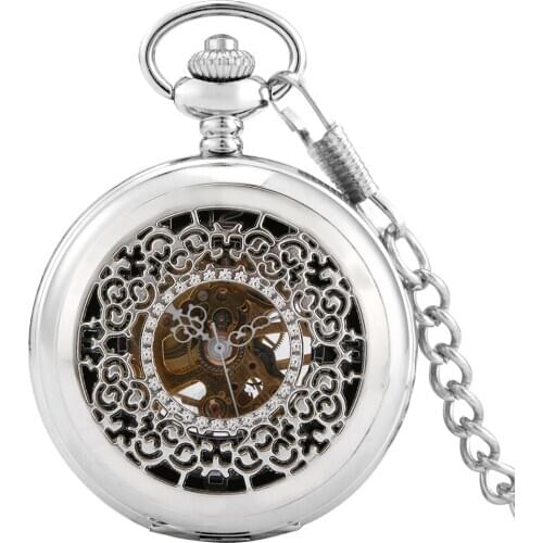 Manual Mechanical Pocket Watch Man Women Silver Hollow Carved Ordinary Digital Black Dial Retro Case Thick Chain Pocket Watch