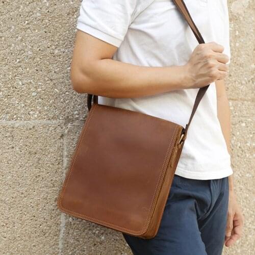 Shoulder Bags For Men Genuine Leather High Capacity Messenger Bag Male Vintage Crazy Horse Skin Crossbody Bags Covered Opening