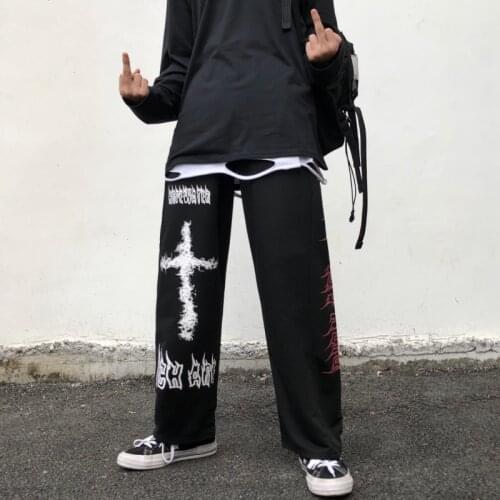 Japanese Women Gothic Harajuku Streetwear Anime Street Style Punk Hippie Wide Leg Pants Mall Goth Black Print Trousers Hip Hop