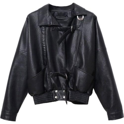 Women PU Faux Leather Jacket New Loose Lace-up Pocket High Street England Casual Korea Fashion Coat Girl Outerwear
