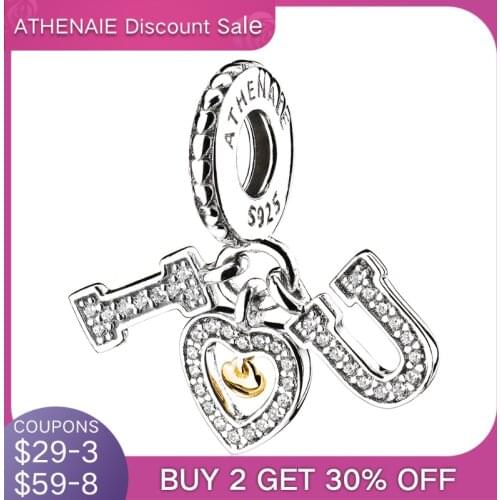 ATHENAIE Genuine 925 Sterling Silver Pave CZ I Love You Dangle Charms Pendant fit Women Charm Bracelets Jewelry Gift