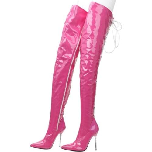Women Over the Knee Boots 12CM High Heel Pointed toe Metal Thin Heels Zip Sexy Cross-tied Thigh Long Boots