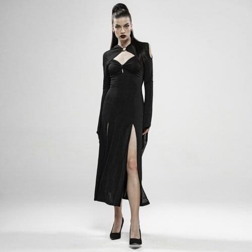 PUNK RAVE Women Wild Witch Gothic Dress with Hat Light Dark Knit Metal Hollow Heart-shaped Collar Irregular Sleeve Dress