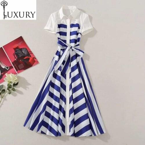Summer Fashion Striped 2020 High Quality Women Turn-down Collar Blue White Color Block Short Sleeve Mid-Calf Cotton Dress