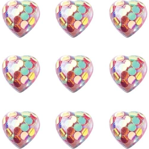 10pcs Heart Flat Back Resin Cabochons with Flat Round Paillette Slime Charms for DIY Craft Making and Ornament Scrapbooking