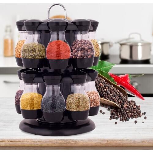 16Pcs Condiment Set 360 Rotating Spice Jar Rack Kitchen Cruet Condiment Bottle Coffee Sugar Seal Jar Container Rack