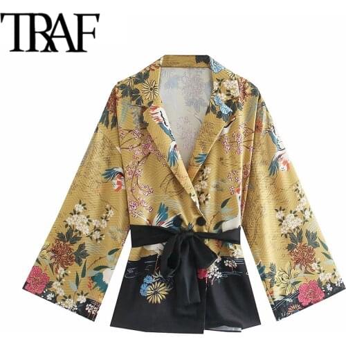 TRAF Women Fashion With Belt Crane Floral Print Kimono Blouses Vintage Long Sleeve Side Vents Female Shirts Chic Tops