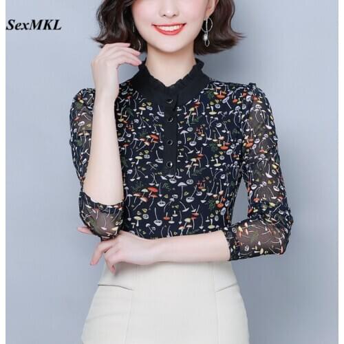 Women Elegant Printed Winter Blouses 2020 Fashion Long Sleeve Office Black Shirts Korean Clothes Slim Sexy Ladies Tops Plus Size