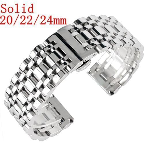 20/22/24mm Solid Link Stainless Steel Silver Bracelet Men High Quality Watch Band Wrist Strap Push Button Hidden Clasp replace