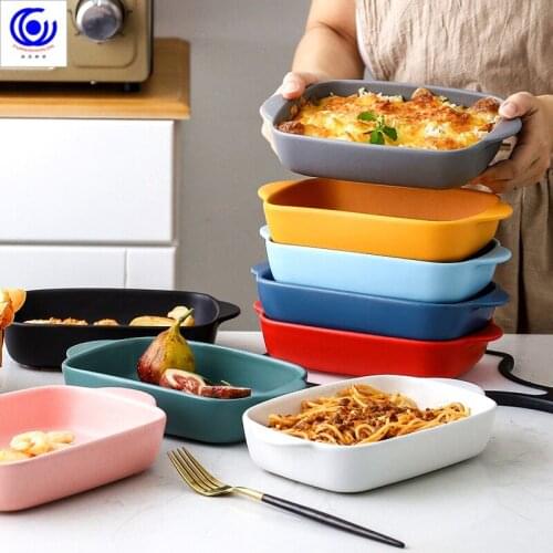 7 Colors Ceramic Binaural Rectangular Cheese Baked Plate Pan Baking Dish Tray Western Dishes Oven Bowl High Temperature 600C