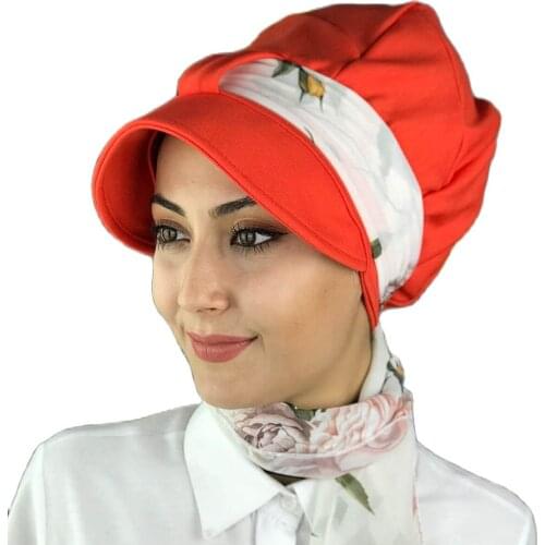 Islamic Fashion Muslim Women Hijab 2021 Trend Single Size Bathing Cap Beret Ready Shawl Scarf Buckle Hat Pomegranate Flower Female Hat