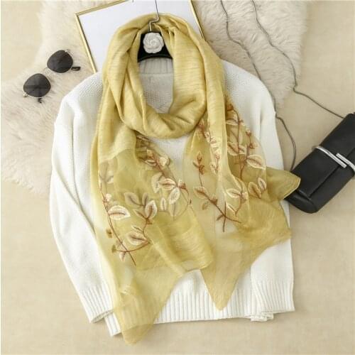 Real Silk and Wool Women Scarf Floral Embroidery Headband Scarves Pashmina Shawl Wraps Bandana Hijab Big Beach Foulard Femme