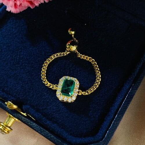 New 925 Sterling Silver 5*7mm Emerald Stone Adjustable Chain Rings for Women Vintage Cocktail Party Ring Fine Jewelry Wholesale