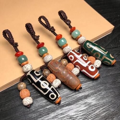 Original Tibetan Beads Nine eye Black and White Color Natural Dzi Keychain Keyring for Men and Women