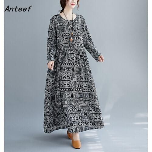 Long sleeve cotton linen vintage floral dresses for women casual loose spring autumn dress elegant clothes 2021