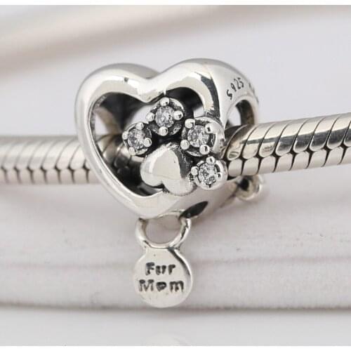 Authentic S925 Dangle Charm Sparkling Paw Print & Heart Bead fit Lady Bracelet Bangle DIY Jewelry