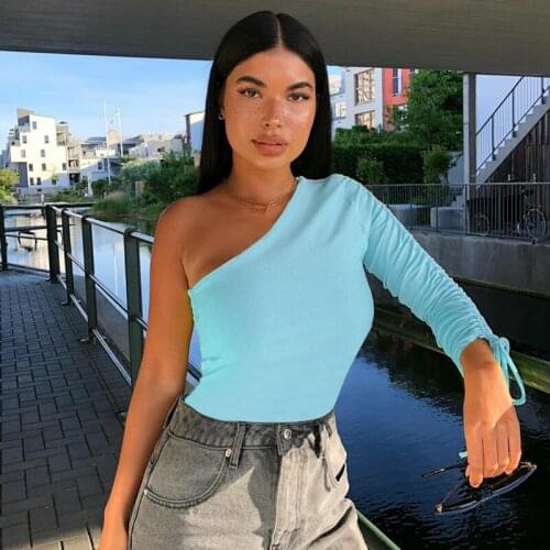 Casual Solid One Shoulder Crop Top Women Side Drawstring Ruched White T-Shirt Female Tee Shirt Top for Women Clothing 2021