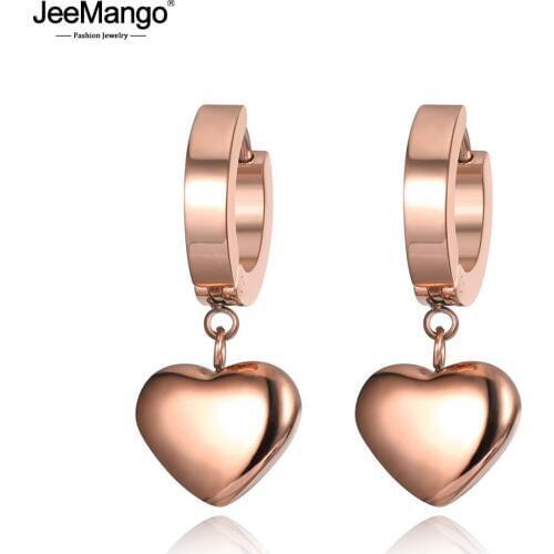 JeeMango Romantic Stainless Steel Love Heart Hoop Earrings Classic Rose Gold Wedding Earrings Jewelry For Women Kolczyki JE19098