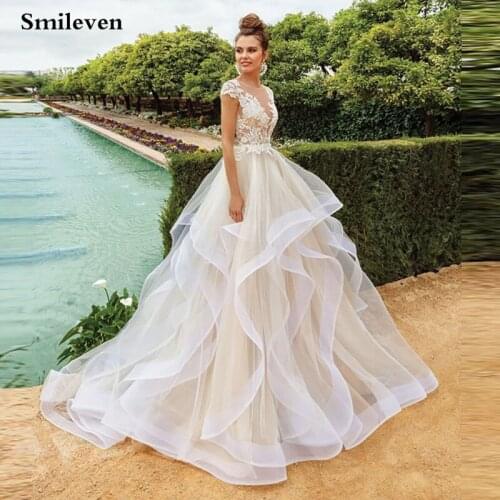 Smileven Champagne Princess Wedding Dress Cap Sleeve Tiered Lace Robe De Mariee Lace Bridal Dresses Illusion Bace Wedding Gowns