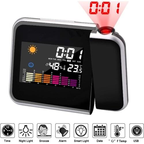 LED Projection Clock Temperature Thermometer Desk Calendar USB Charger