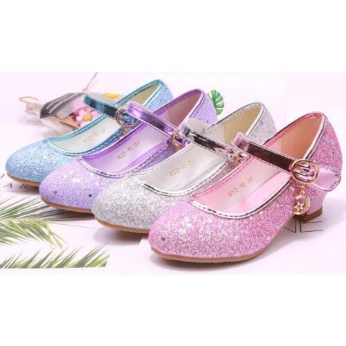 Girls High Heels With Buckle Children Leather Shoes Kids Princess Sequin Student Dance Shoes Four Seasons