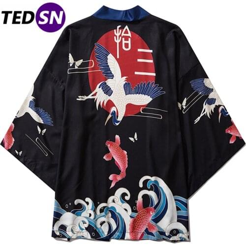 Hip Hop Crane Japanese Kimono Jackets Men Carp Print 2020 Summer Harajuku Streetwear Front Open Coat Hawaiian Shirt