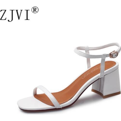 ZJVI 2020 New Women Summer Ankle Strap Sandals Genuine Leather Woman Fashion 7cm Square High Heels Shoes Sandalias Mujer Heel