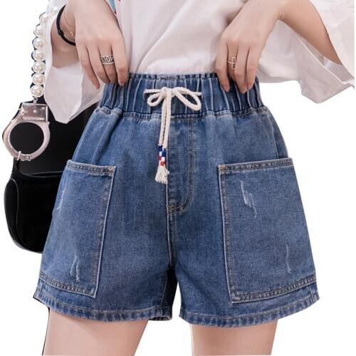 Womens High Waist Denim Shorts Trousers Casual Denim Loose Shorts Summer Plus Size Beachwear Vintage Elastic Short Pant