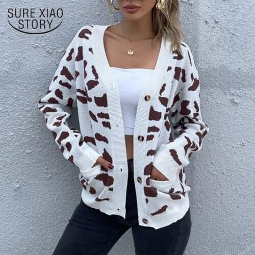 Women Fashion Leopard Pattern Loose Knitted Cardigan Sweater Vintage Lantern Sleeve Female Outerwear Chic Tops Pull Femme 16934