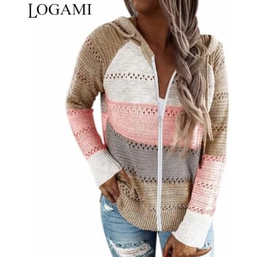 LOGAMI Color Block Zipper Hooded Knitted Sweaters 2020 Autumn New Sweater Womens Striped Stitching Cardigan