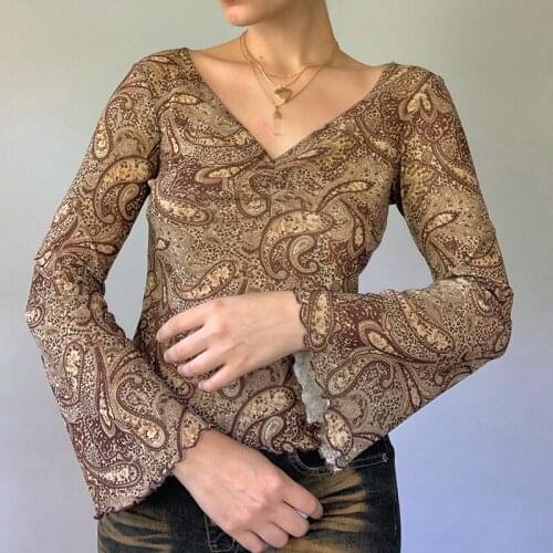 2000s Retro Graphic Print Crop Top V Neck Long Flare Sleeve Autumn Spring Female Clothes Y2K Fairy Grunge T-shirt Women Tees