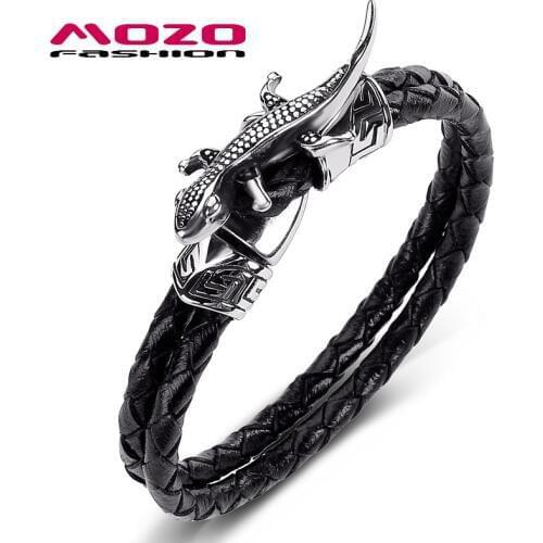 2020 New Men Jewelry Black Genuine Leather Bracelet Stainless Steel Punk Lizard Charm Chameleon Women Bangles