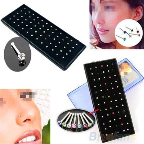 60 Pcs Fashion Cute Girls Medical Stainless Steel Nose Ring Women Indian Crystal Studs Piercing Body Jewelry Wedding Party Gift