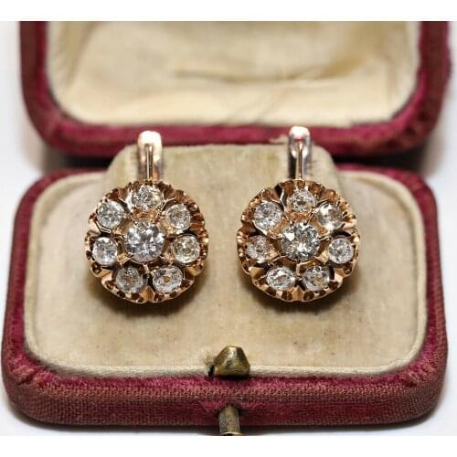 ANTIQUE 14K GOLD NATURAL DIAMOND DECORATED RUSSIAN PRETTY STRONG EARRING