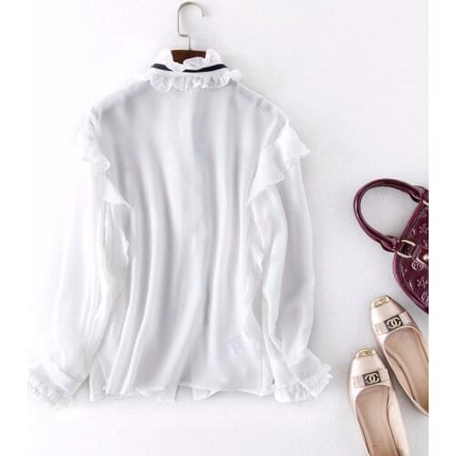 Real Silk White Blouse Spring Autumn Womens Tops and Blouses Fashion Clothing Streetwear Long Sleeve Shirt LWL1629